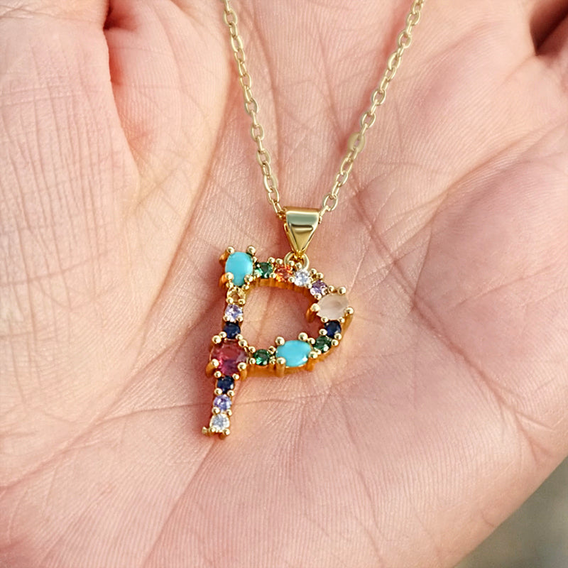 Rainbow Gemstone Initial Necklace