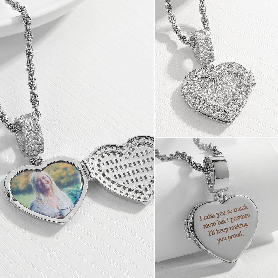 Scintillante medaglione a cuore con collana di foto personalizzate